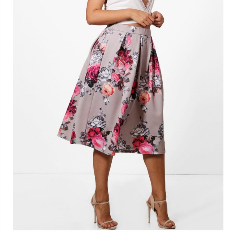 Grey Floral Skater Skirt